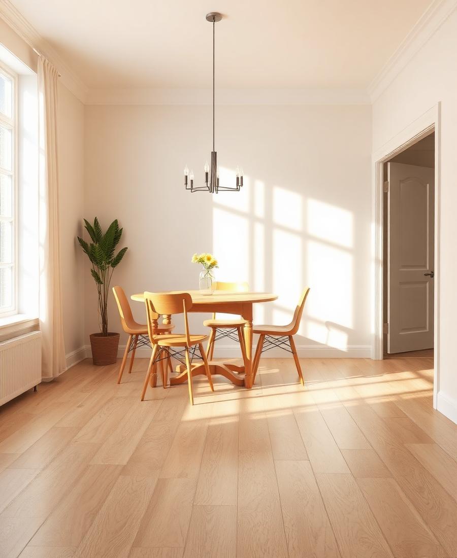 Light laminate plank flooring in a dining area