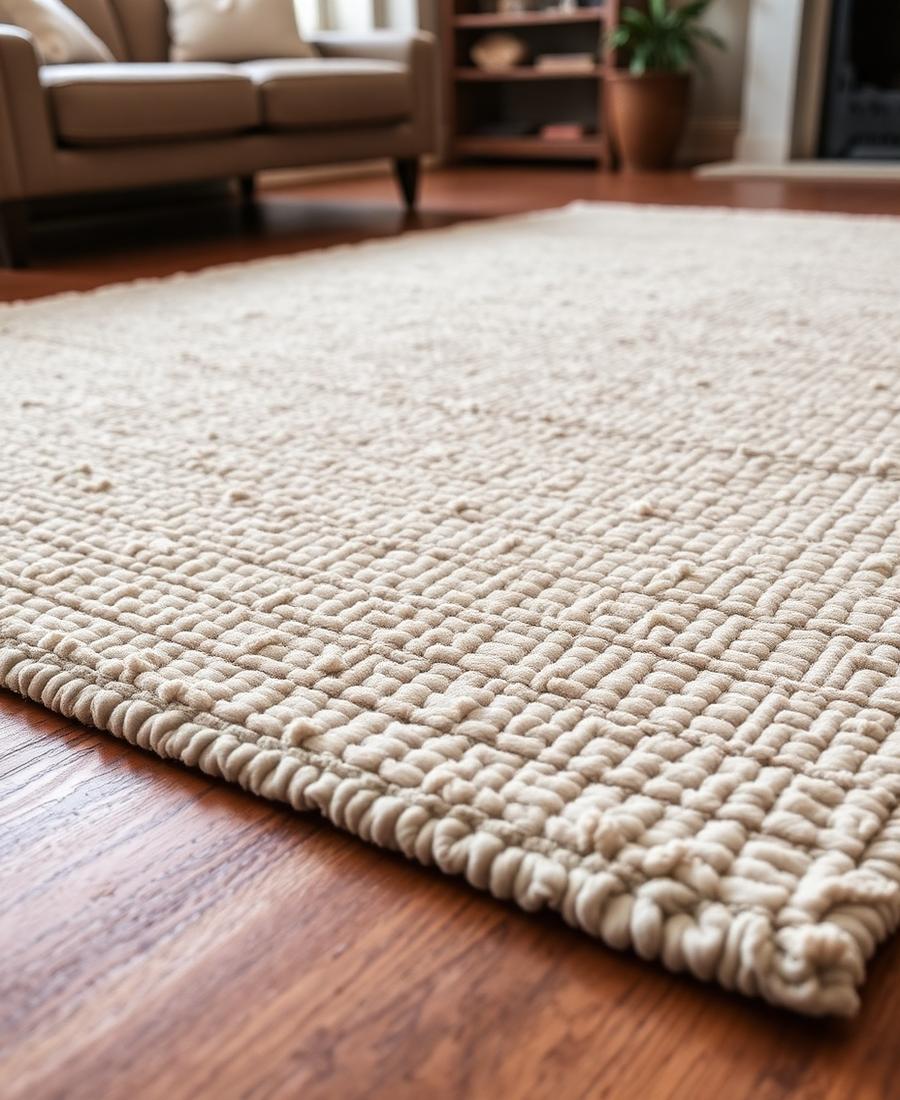 Textured cream area rug layered over wood flooring