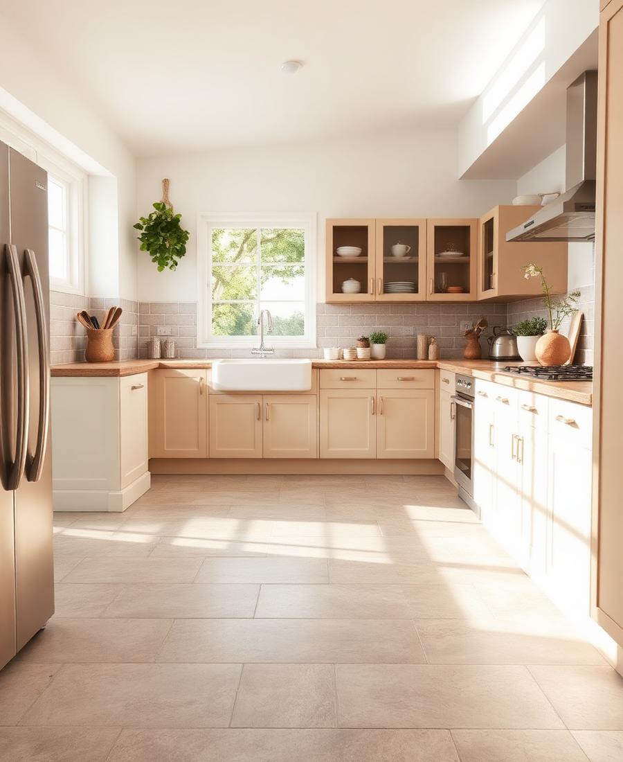 Stone-look tile flooring in a sunlit kitchen